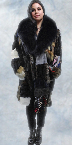 Throw Back Patchwork Mink Fur Coat Fox Fur Collar 29798