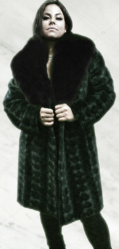 Green Lazor Cut Mink Fur Coat Black Fox Fur Collar 31122 - Image 3
