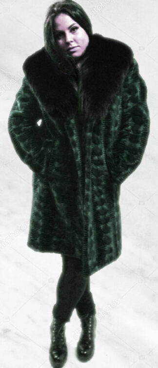 Green Lazor Cut Mink Fur Coat Black Fox Fur Collar 31122