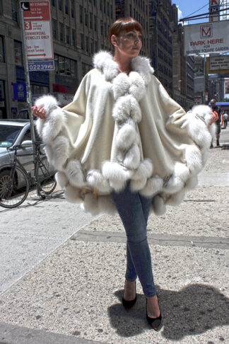 Tan Cashmere Cape With Fox Fur Trim and Hood 1335
