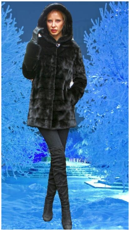 Horizontal Ranch Mink Fur Jacket with Hood 3339