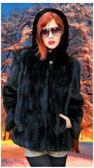 Black Ranch Hooded Mink Fur Jacket 8866