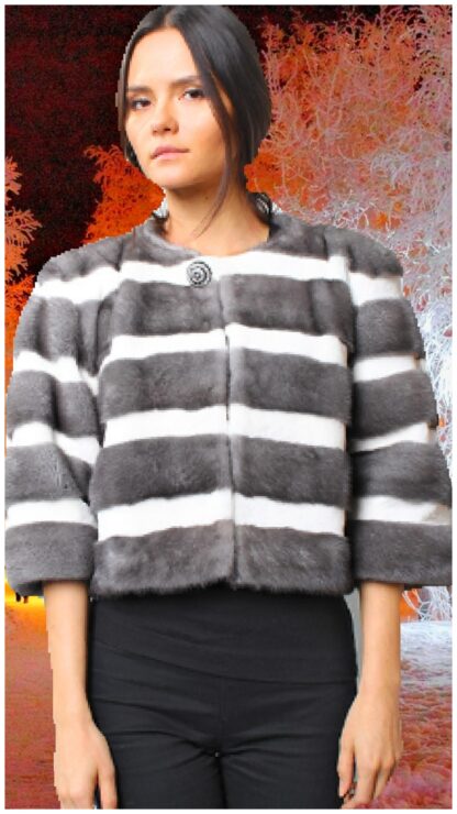 Gray Mink Fur Capelet with White Sheared Mink Fur Stripes 1395