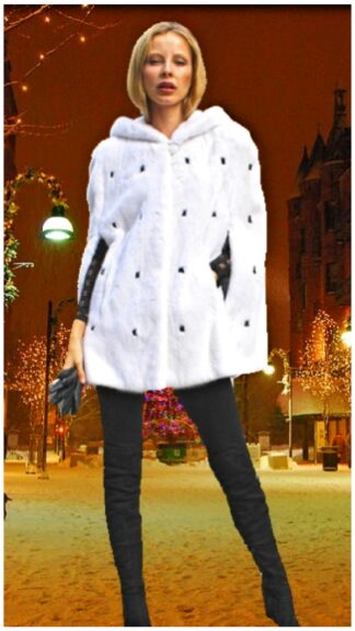White Mink Fur Cape with Hood Black Mink Fur Inserts 4775