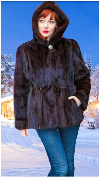 Dark Brown Mahogany Hooded Mink Fur Jacket Drawstring Waist 5566