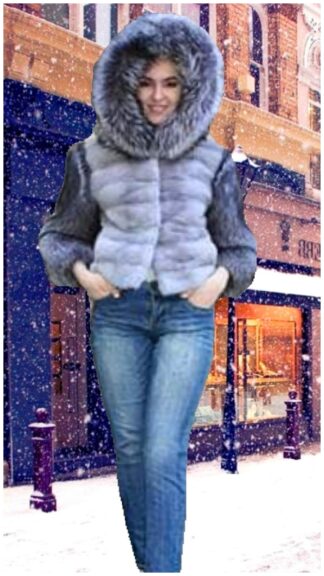 Sapphire Mink Jacket Silver Fox Fur Hood 88993