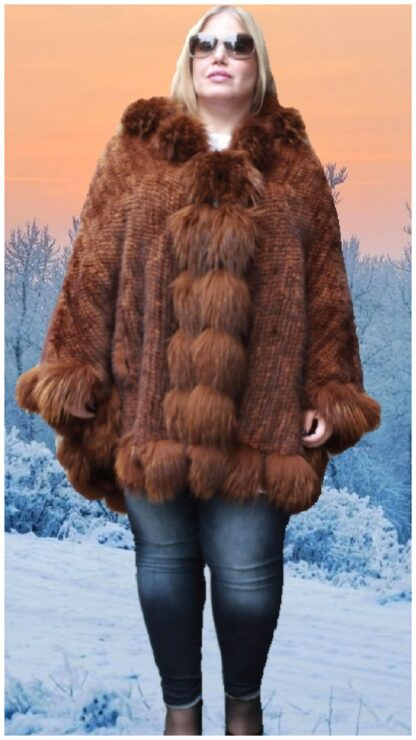 Whiskey Mink Poncho Fox Fur Trim Hood 0656