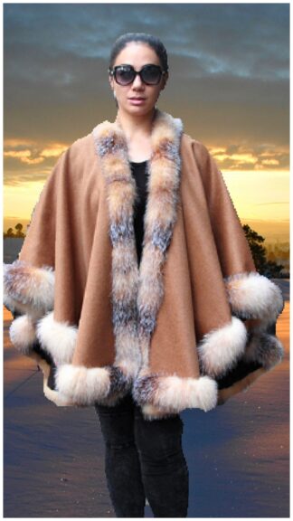 Plus Size Camel Cashmere Cape Crystal Fox Trim 9854