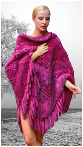 Plus Size Hot Pink Knit Mink Fur Poncho Fur Fringes 55678