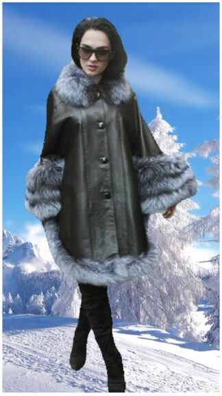Black Leather Stroller Silver Fox Fur Trim 7865