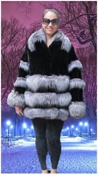 Plus Size Black Mink Jacket Indigo Fox Trim 77109