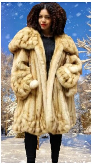 Plus Size Magnificent Golden Sable Swing Fur Stroller Rouched Cape Collar Sleeves Bottom 8899