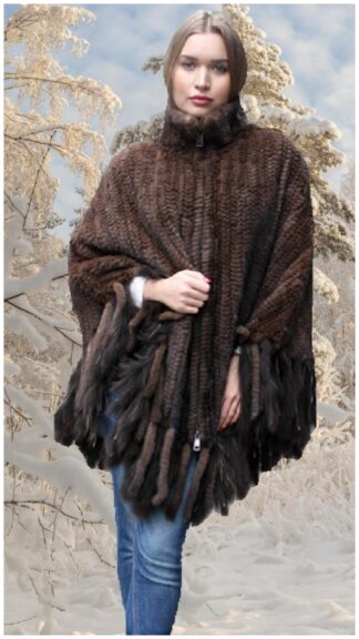 Mahogany Knit Mink Fur Zippered Poncho #3433