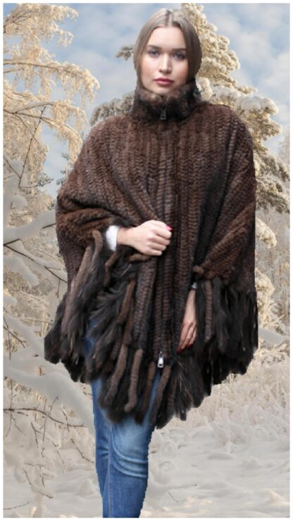 Mahogany Knit Mink Fur Zippered Poncho #3433