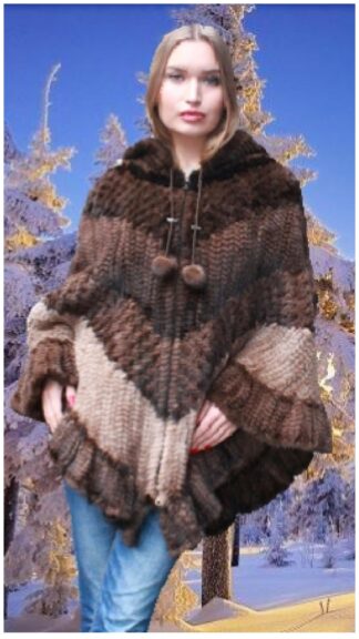 Multi Toned Knit Mink Fur Poncho Hood #9776