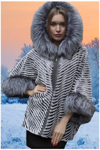 Rex Rabbit Fur Poncho Silver Fox Fur Trim Hood #7534