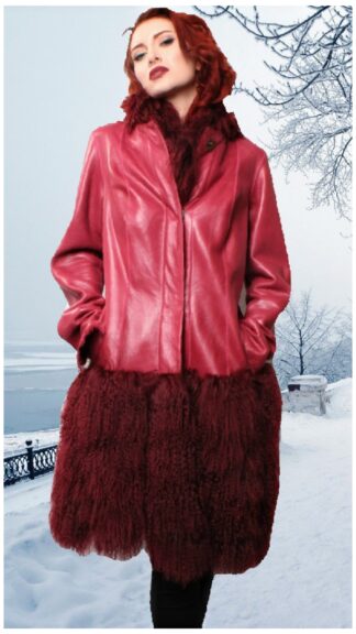 Red Leather Jacket Tibetan Lamb Fur Border 8887