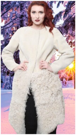 Beige Collarless Mouton Shearling Coat 4774