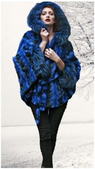 Sculptured Lazor Cut Blue Dyed Mink Fur Blue Dyed Silver Fox Trim Cape With Hood