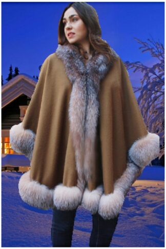 Brown Cashmere Cape With Crystal Fox Fur Trim