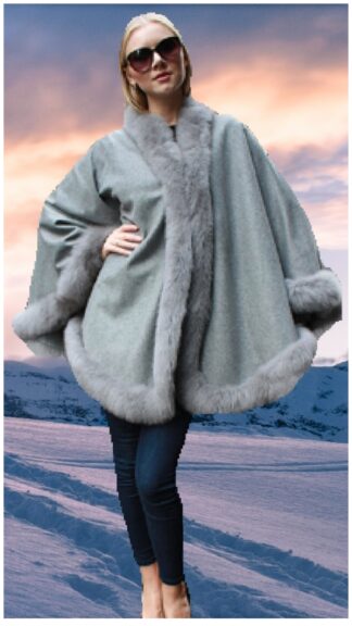 Light Cashmere Grey Cape with Fox Fur Trim