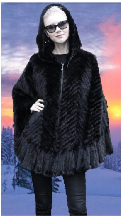 Black Knit Mink Fur Poncho with Hood 1295