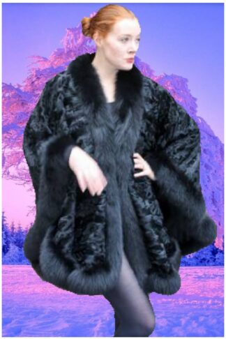 Elegant Black Persian Swakara Fur Cape Black Fox Fur Trim 7789