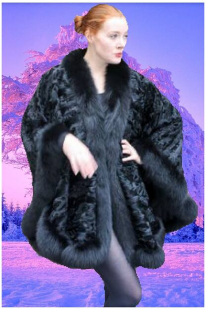 Elegant Black Persian Swakara Fur Cape Black Fox Fur Trim 7789