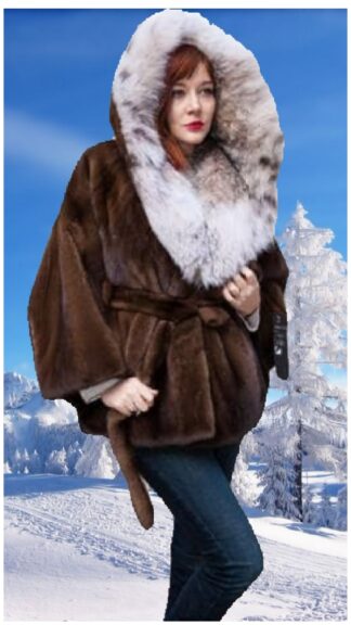 Demi Mink Fur Cape Canadian Lynx Fur Hood Mink Belt 88991