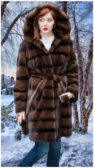 Brown Striped Mink Stroller With Hood and Belt 6655