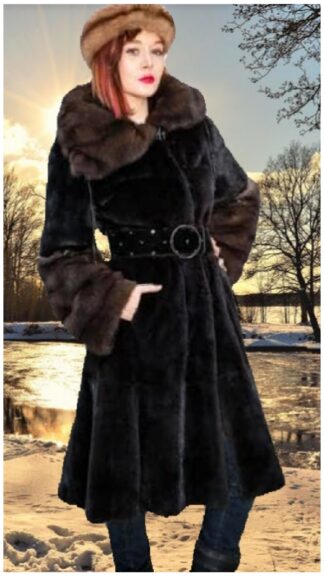 Blackglama Ranch Mink Fur Coat with Sable Cuffs Collar 7449