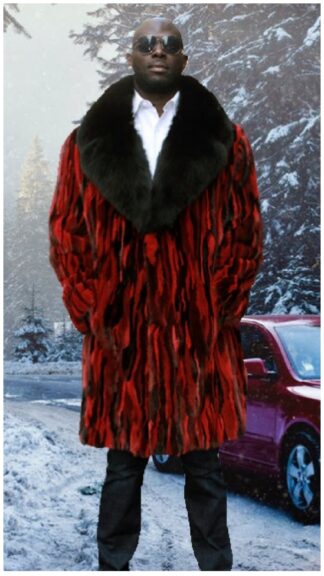 MENS STRIPED BLACK RED MINK FUR COAT BLACK FOX FUR COLLAR 29345