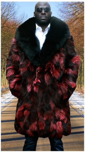 Red Black Men's Fox Fur Coat Black Fox Fur Collar
