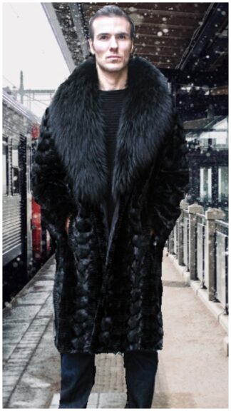 Mens Black Section Mink Fur Coat Black Fox Fur Collar 4944