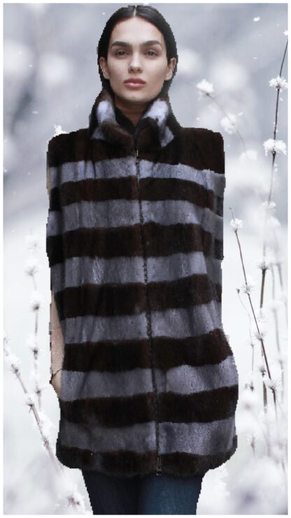 Brown Grey Striped Mink Fur Vest 65098