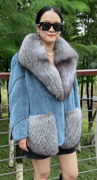 Powder Blue Mink Jacket Indigo Fox Trim 4646