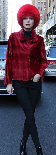 Red Sheared Mink Jacket Fox Fur Bubble Hat #1746