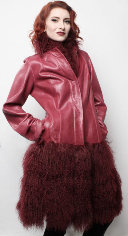 Red Leather Jacket Tibetan Lamb Fur Border 8887 - Image 3