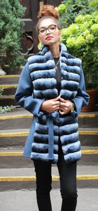 Blue Wool Jacket Rex Rabbit Horizontal Fronts Belt 743645