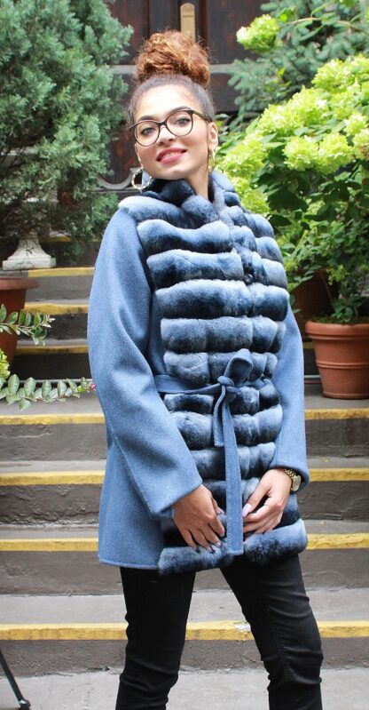 Blue Wool Jacket Rex Rabbit Horizontal Fronts Belt 743645 - Image 2