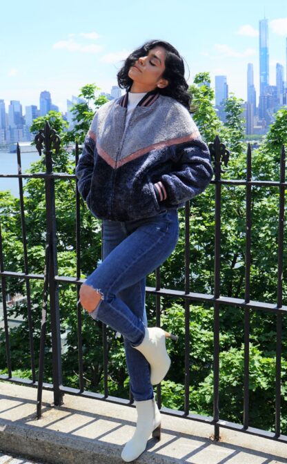 Women's Gray Blue Pink Varsity Shearling Jacket 3737 - Image 2