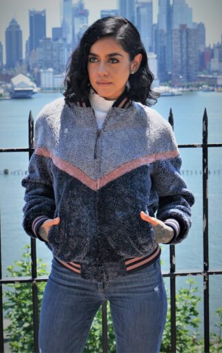 Women's Gray Blue Pink Varsity Shearling Jacket 3737