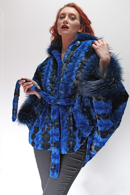 Sculptured Lazor Cut Blue Dyed Mink Fur Blue Dyed Silver Fox Trim Cape With Hood - Image 14