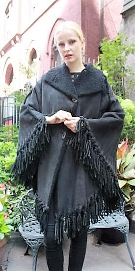 Plus Size Black Shearling Fur Cape 12874
