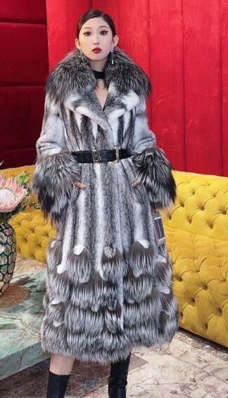Full Length Black Cross Mink Coat Silver Fox Trim 33838