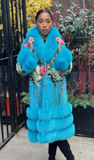 Stylish Blue Floral Mink Coat for Winter Outings at Pretty Places 7373