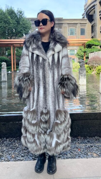 Full Length Black Cross Mink Coat Silver Fox Trim 33838 - Image 2