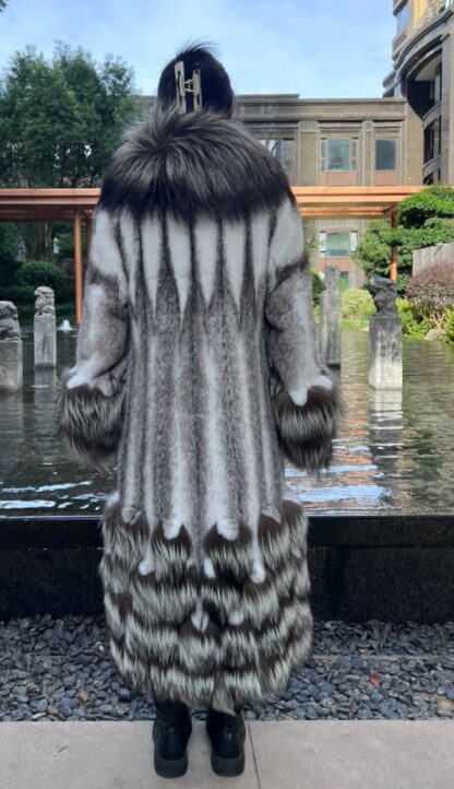 Full Length Black Cross Mink Coat Silver Fox Trim 33838 - Image 4