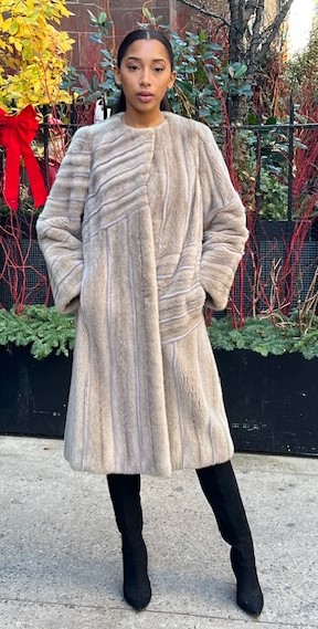 Full Length Designer Taupe and White Mink Coat Directional 8383