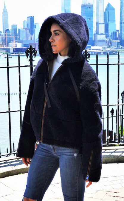Navy Blue Shearling Jacket Camel Leather Trim 2166 - Image 2
